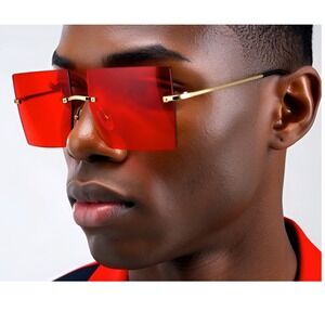 Men Square‎ Sunglasses Rimless Red Lens Gold Frame Fashion Sun Glasses  Lentes